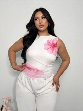 White Sleeveless Tank with Pink Floral Print